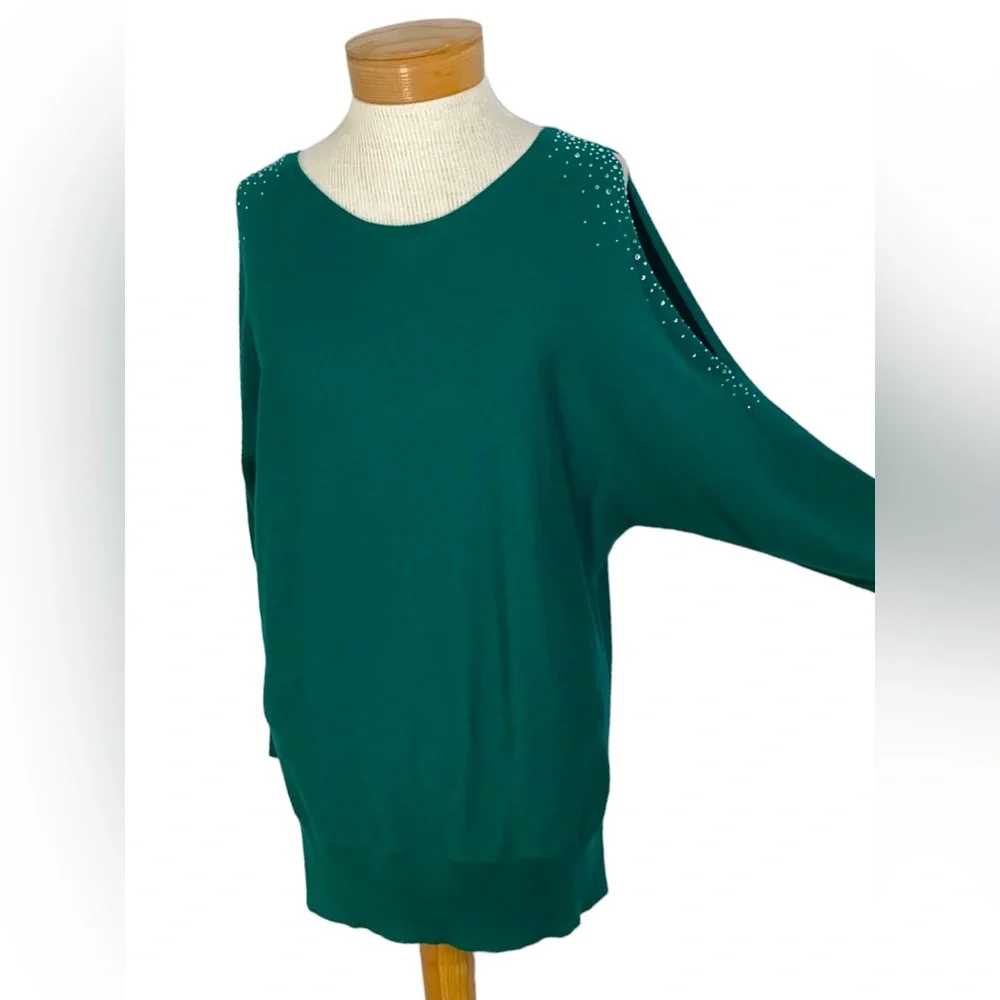 LOFT Green, Cold Shoulder Sweater With Rhinestones Large